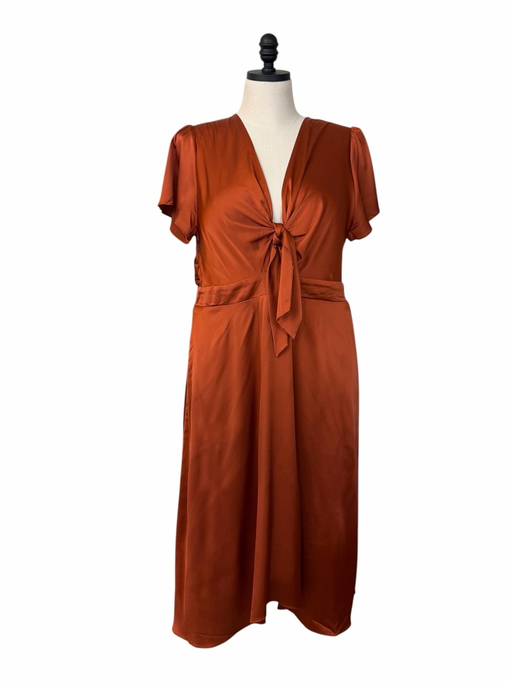 Baltic Born Poppy Satin Midi Dress Size XXL Rust Tie Front Stretch Wedding Guest